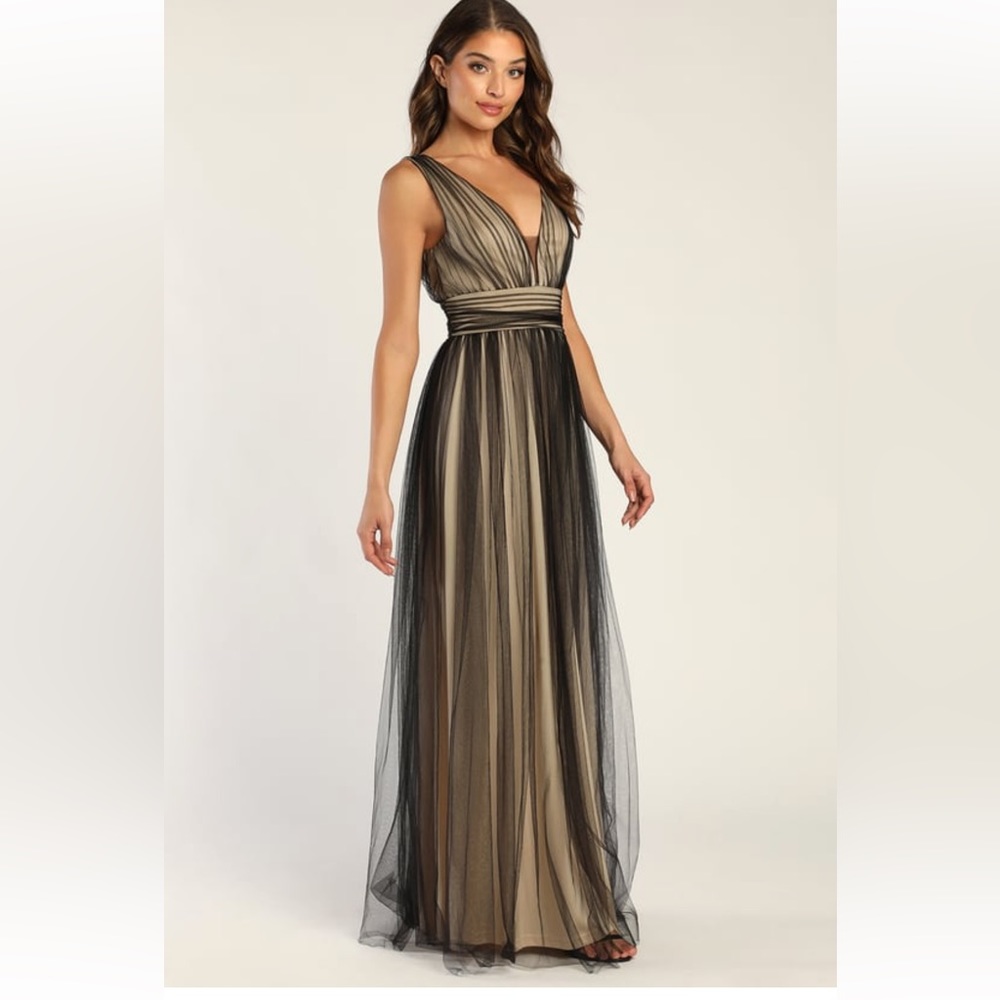Black & Beige Tulle Sleeveless Maxi Dress